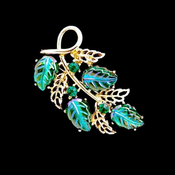 Teal Green Aurora Borealis Rhinestone Brooch: Pressed Glass Leaves