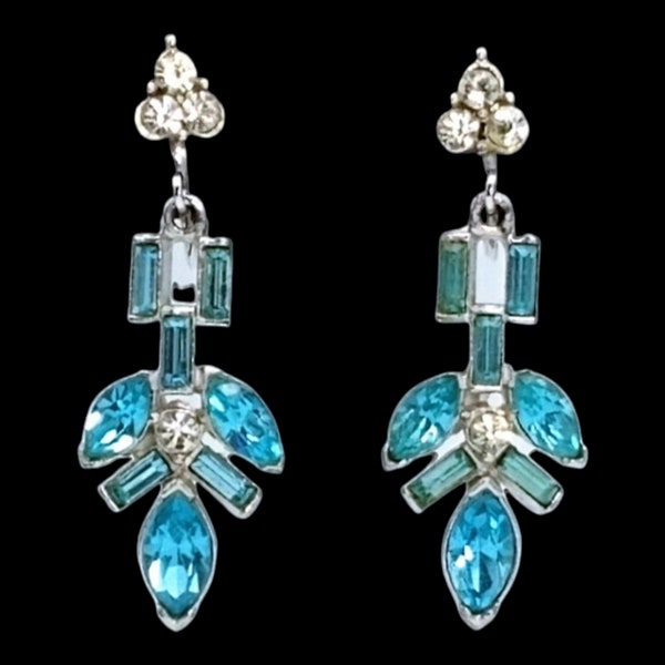 Blue Coro Earrings, Signed Coro Aqua Blue and Icy Crystal Rhinestone and Rhodium  Dangly Clip Earrings