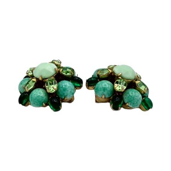 Green Schreiner Earrings, Green Speckled Cabochon… - image 2