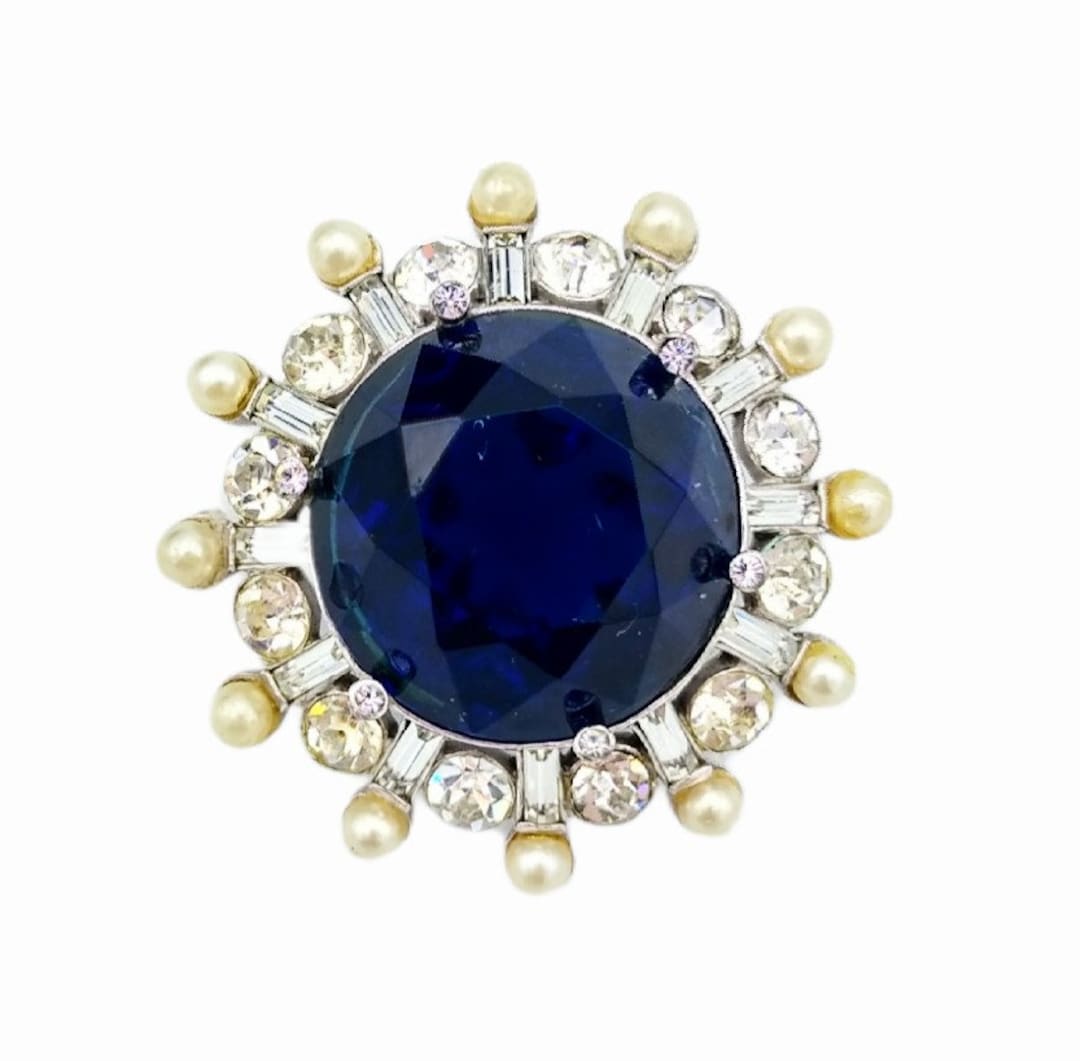 Blue Rhinestone Brooch Signed Castlemark castlecliff 19481952