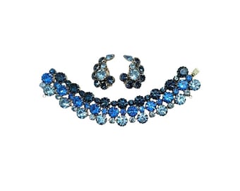 Blau Strass Armband und Ohrclips Set, Blau Tri-Color