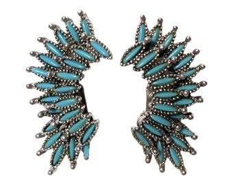 Huge Blue Clip Earrings, Faux Turquoise and Silver Tone Metal!