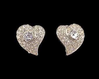 Rhinestone Heart Earrings, Clear Pavé Set Rhinestones in Rhodium, Clip Earrings!