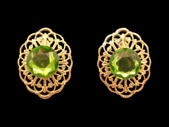 Green Rhinestone Earrings, Bright Peridot Green M… - image 1