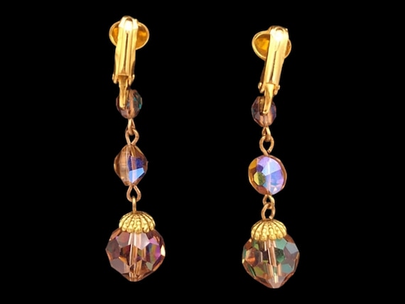 Topaz Aurora Borealis Dangly Crystal Clip Earring… - image 2