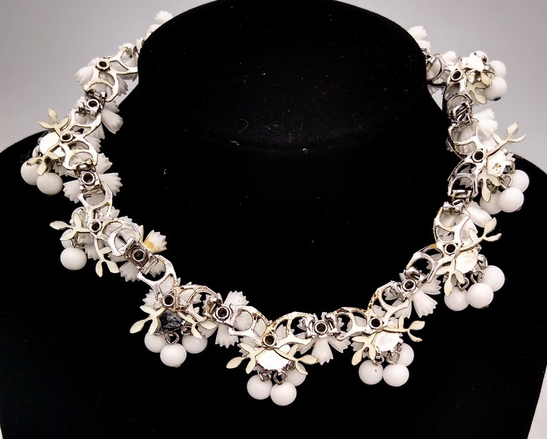 ON SALE Adorable White Flowers With Aurora Borealis Rhinestones and Dangly White Beads Necklace!
