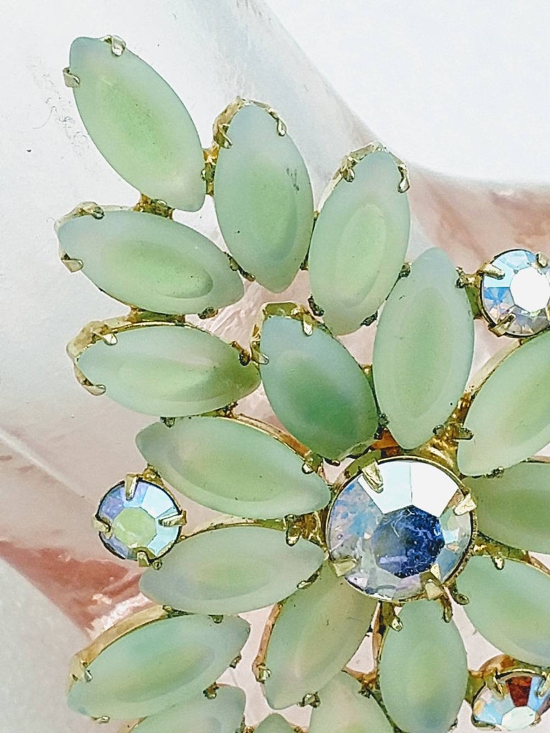 Lime Green Givre/' Satin Glass and Aurora Borealis Rhinestones! Rhinestone Brooch and Earrings Set
