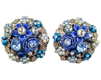 Rhinestone Earrings, Blue Painted Flowers, Blue Beads and Blue & Clear Rhinestones, Large Floral Clip Earrings!