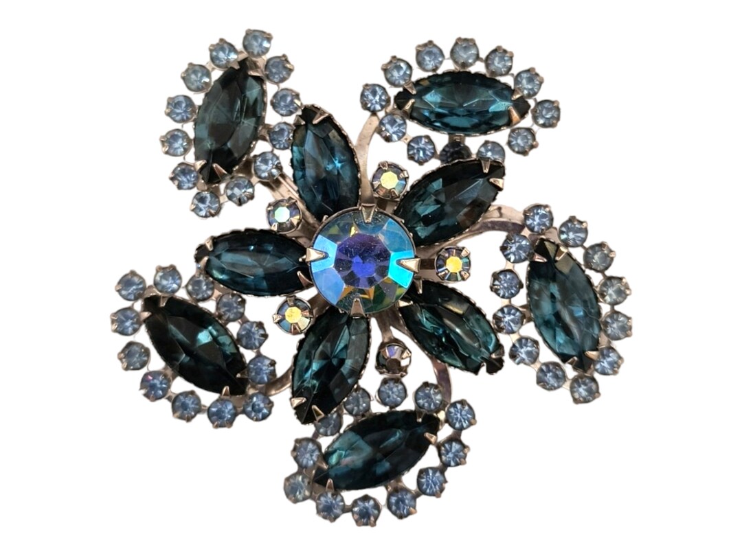 Large Blue Rhinestone Brooch, Navy Blue and Light Blue Rhinestones ...