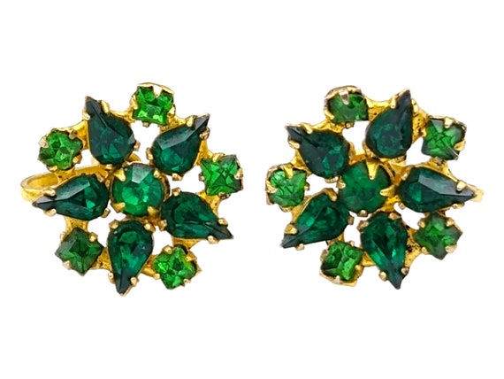 Emerald Green Rhinestone Earrings, Pear and Chato… - image 1