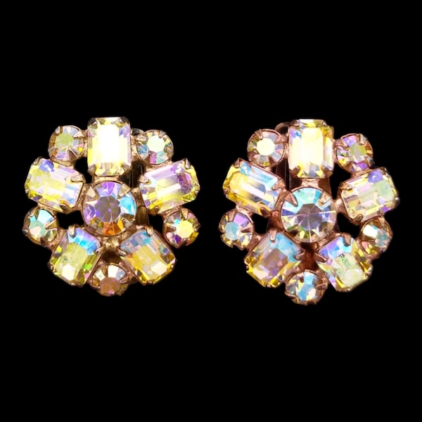 Weiss Rhinestone Earrings, Emerald and Chaton Cut Aurora Borealis Rhinestones, Signed Weiss Clip Earrings