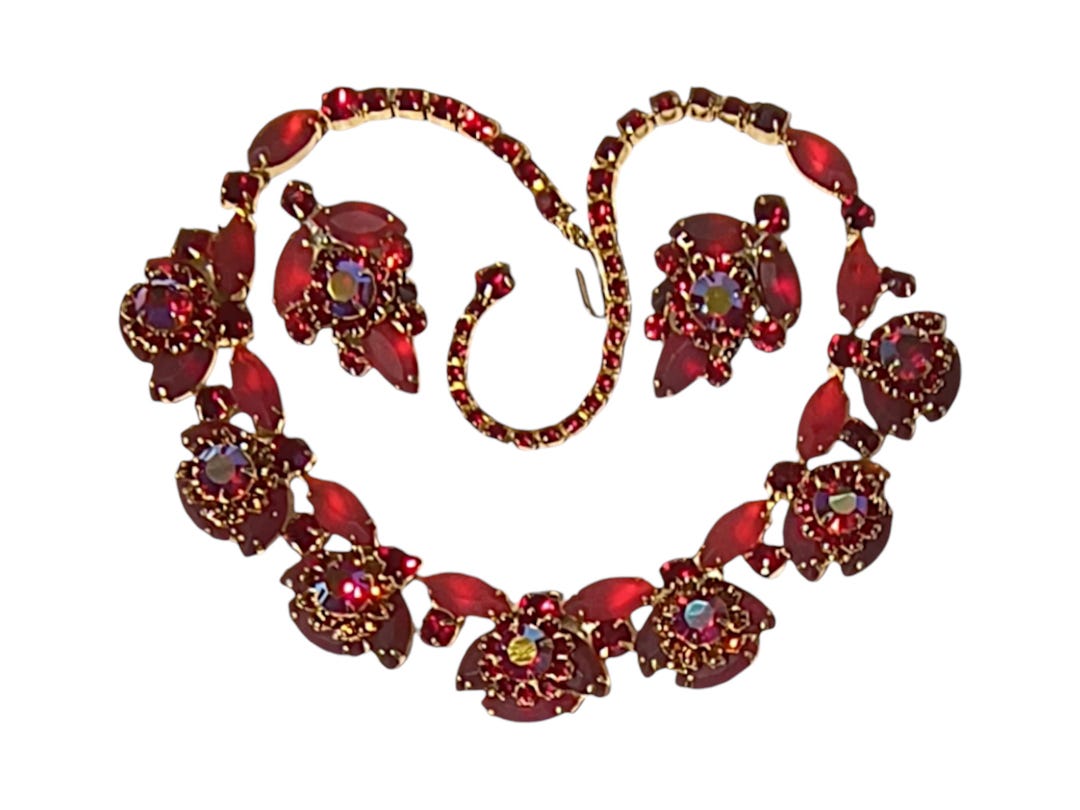 Red Rhinestone Necklace and Earrings Set, Red Frosted Satin Glass ...