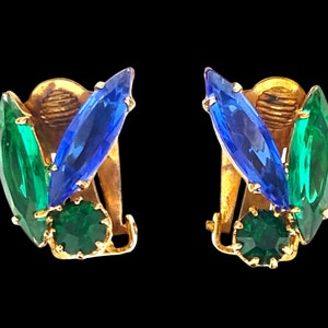 Blue and Green Rhinestone Earrings, Vintage Blue and Green Rhinestone Clip Earrings image 2