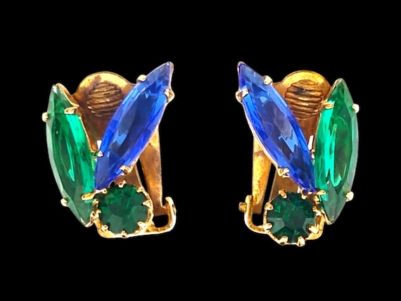 Blue and Green Rhinestone Earrings, Vintage Blue … - image 2