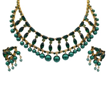 Green Rhinestones and Beads Bib Necklace and Clip Earrings Set, Dangling Beads, Very Romantic!