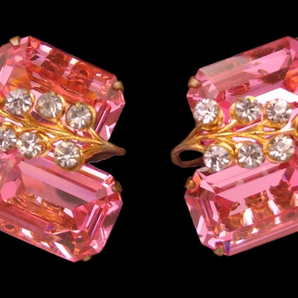 Coro Pink Rhinestone Earrings, Huge Pink Emerald Cut Rhinestones, Clear Rhinestones, Signed Coro Screw Back Earrings!