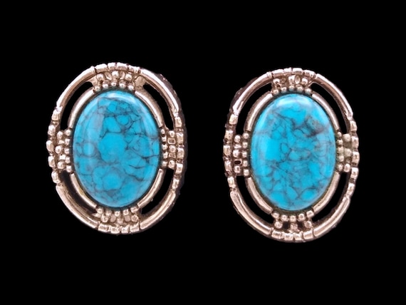 Faux Turquoise Rhinestone Earrings, Vivid Turquoi… - image 1