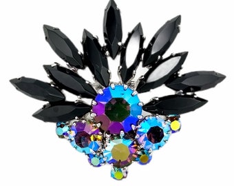 Black Rhinestone Brooch, Black Skinny Navettes Rhinestone Brooch with Blue Aurora Borealis Rhinestones!