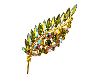 Rhinestone Leaf Brooch, Olivine Green Rhinestones and Topaz Aurora Borealis Rhinestones, Signed Artistic, Elegant Large Leaf Brooch!