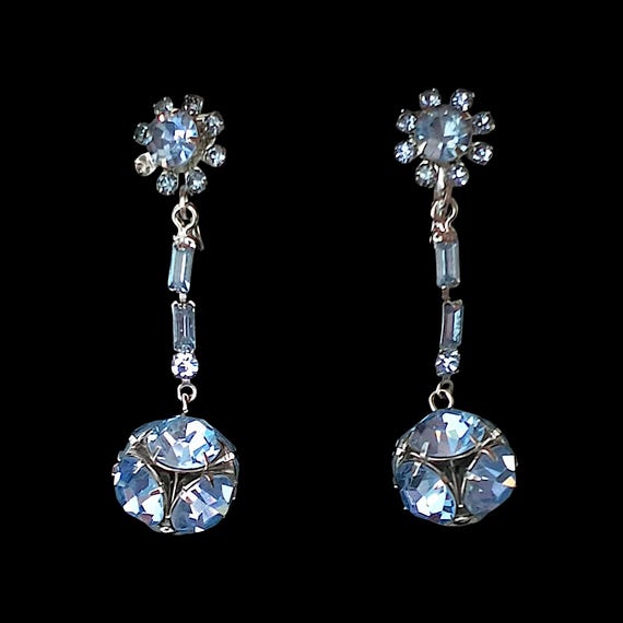 Light Blue Rhinestone Dangling Disco Ball Clip Earrings