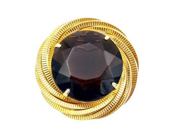 Brown Rhinestone Brooch, Huge Brown Faceted Glass Stone in Elegant Gold Setting!