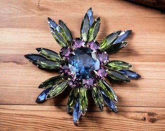 Judy Lee Rhinestone Brooch, Blue Purple Green Rhinestones, Large Vividly Dark Snowflake Brooch!