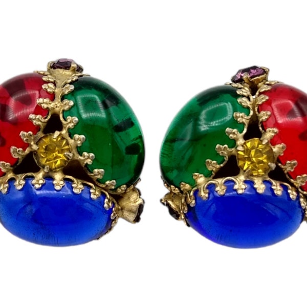 Signed Reinad Rhinestone Earrings, Red Blue and Green Translucent Cabochons, Moghul Jewels Clip Earrings!