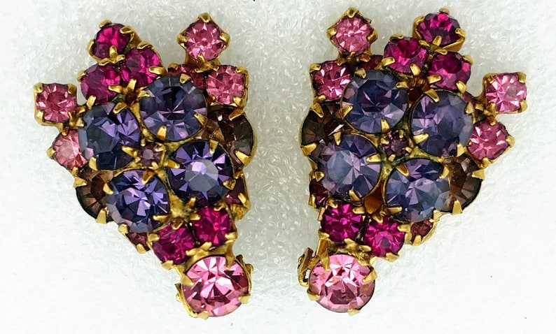 Pink and Purple Rhinestones Flower Brooch and Earrings Set Demi Parure
