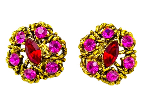 Pink Rhinestone Earrings, Hot Pink and Red Rhines… - image 1