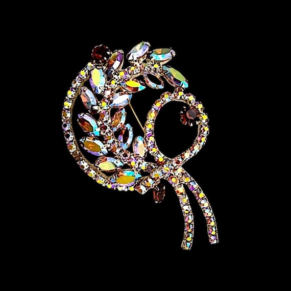 Topaz Aurora Borealis Rhinestone Floral Brooch