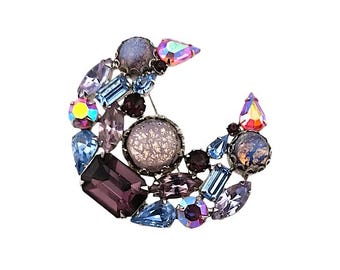 Signed Weiss Rhinestone Brooch: Purple, Blue, Lavender Glitter Cabochons