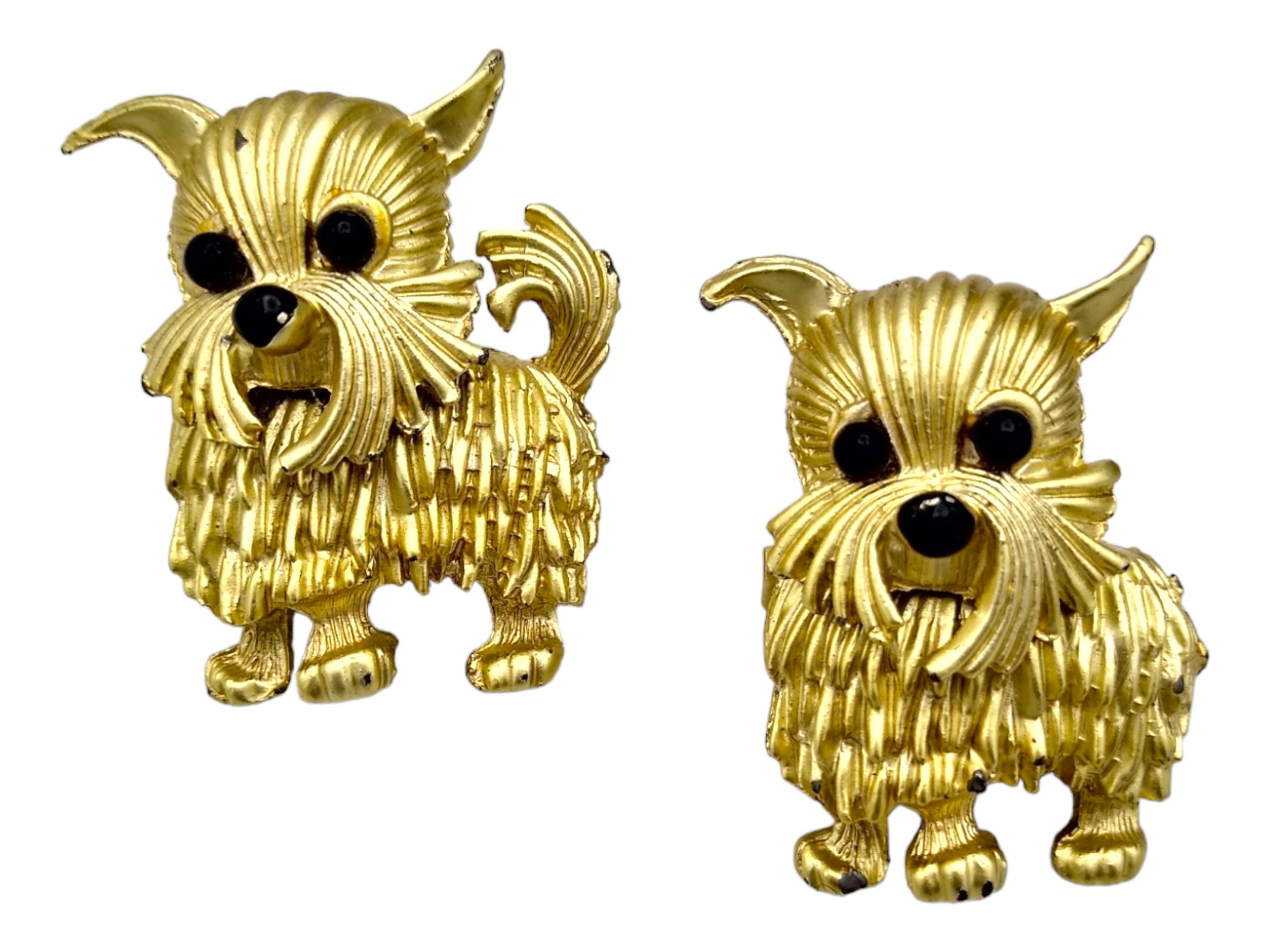 Yorkie Dog Brooches, Pair of Gold Tone Yorkie Brooches With Black