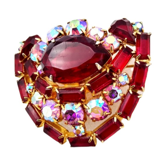 Red Rhinestone Brooch: Ruby & Aurora Borealis Sto… - image 3
