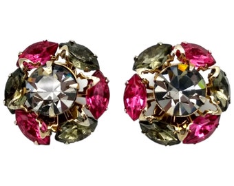Pink & Gray Rhinestone Earrings, Swedged Construction, SUPER Glizy Clip Earrings!