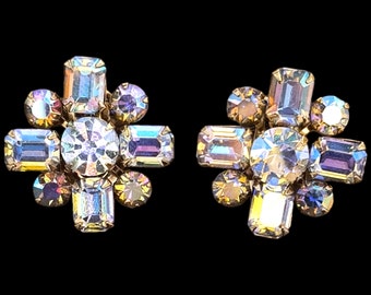 Weiss Rhinestone Earrings, All Aurora Borealis Rhinestones, Chaton and Emerald Cut Signed Weiss Clip Earrings!