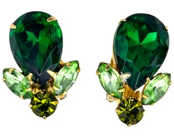 Green Rhinestone Earrings, Large Emerald Green Pear Cut Rhinestones, Olivine Green Chatons and Peridot Green Marquise Clip Earrings!