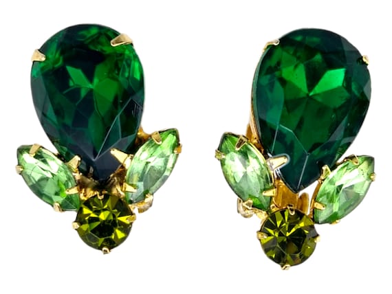 Green Rhinestone Earrings, Large Emerald Green Pe… - image 1