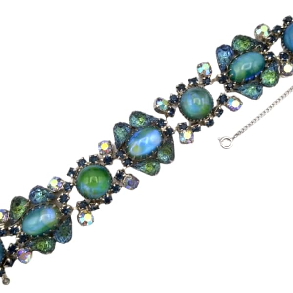 Blue Green Saphiret Bracelet, Blue Green Lava Stones, Montana Blue Rhinestones, Blue Aurora Borealis Rhinestones, Exquisite Colors!