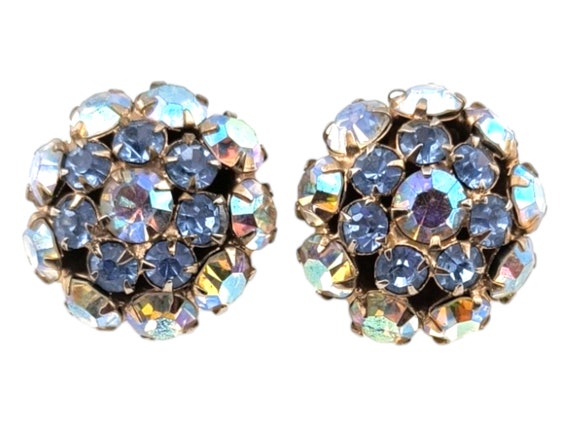 Rhinestone Clip Earrings, Light Blue and Aurora B… - image 1