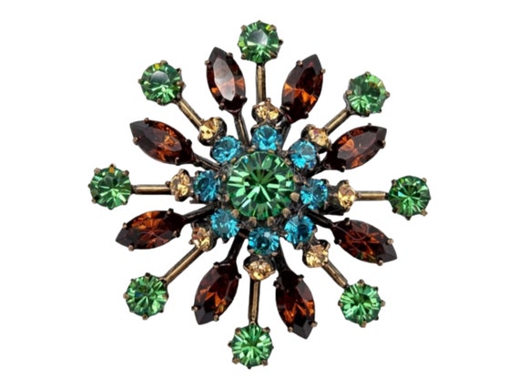 Rhinestone Snowflake Brooch, Peridot Green, Aqua … - image 1