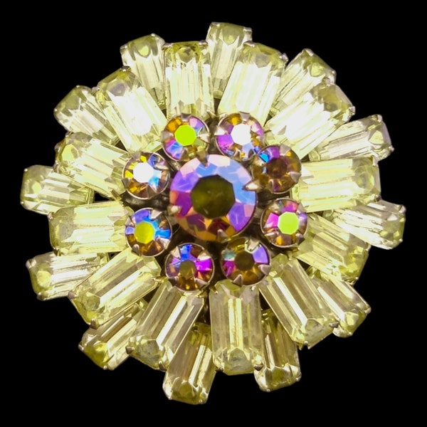 Yellow Rhinestone Flower Brooch, Layered Thick Flower Brooch, Large Yellow Baguettes and Dark Topaz Aurora Borealis Chatons!