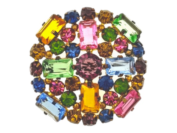 Pastel Rhinestone Brooch, Early Czech Unfoiled Gl… - image 1