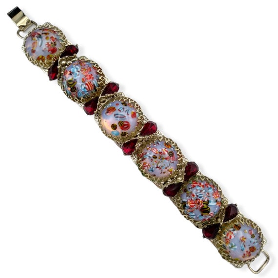 Art Glass Rhinestone Bracelet, Millefiori and Opal