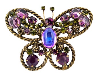 Rhinestone Butterfly Brooch,  Unsigned Alice Caviness, Purple and Olivine Green Rhinestones!