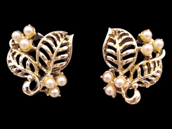 Pearl Earrings, Pale Gold Tone Openwork Leaves an… - image 1