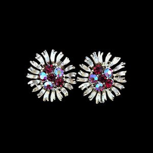 Lisner Red Rhinestone Floral Earrings: Vintage Gold Tone Screw Back