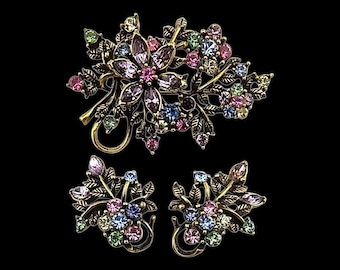 Signed Coro Rhinestone Brooch and Earring Set: Pastel Floral Design