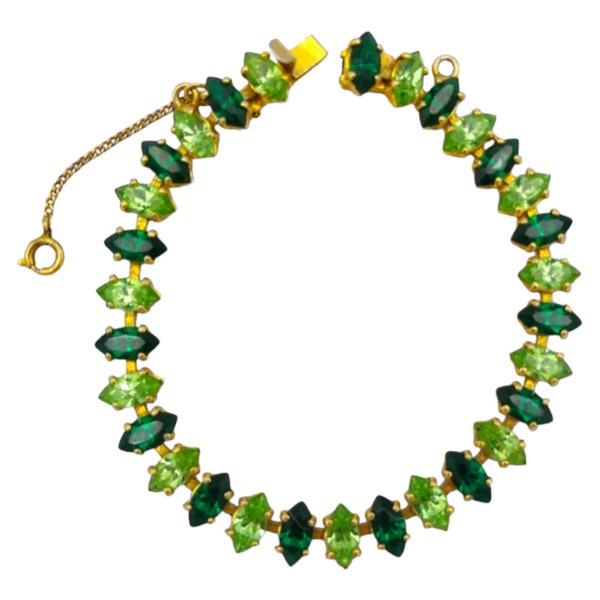 Green Rhinestone Bracelet, Signed B David, Emerald and Peridot Green Alternating Rhinestone Marquise!