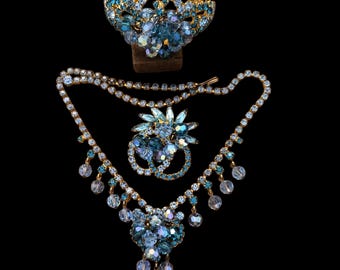 Juliana Parure, Necklace, Bracelet, and Brooch, Light Blue, Teal Rhinestones with Cha Cha Crystals