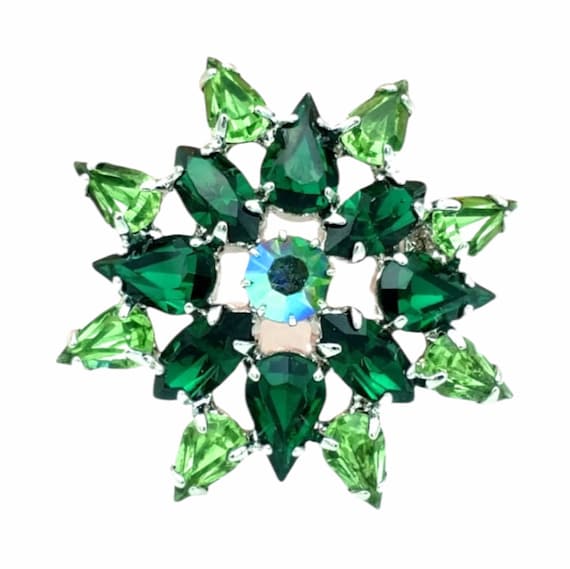 Green Rhinestone Brooch, Peridot Green and Emeral… - image 1